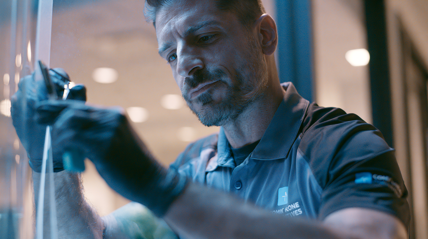 Technician installing smart film on glass wall